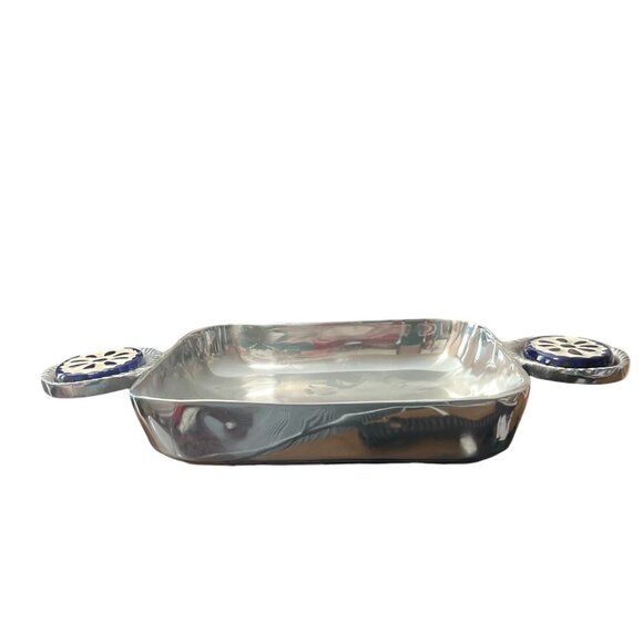 Vintage Heavy Aluminum Silver Serving Tray Ceramic Blue Handle Detail 8"x8" - Picture 3 of 6